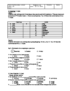 Đề kiểm tra 1 tiết lần 1 môn Tiếng Anh Lớp 8 - Năm học 2018-2019 - Trường THCS Thanh Mỹ (Có đáp án)
